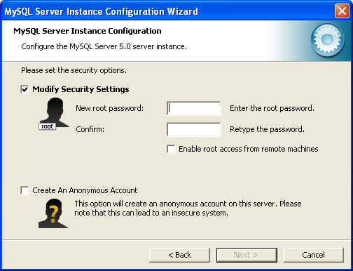 MySQL Server Instance Configuration Wizard:
          Security